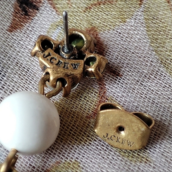 J. Crew Teardrop Eggshell Color Acrylic Brass Tone Rhinestone Pierced Earrings - Picture 9 of 12